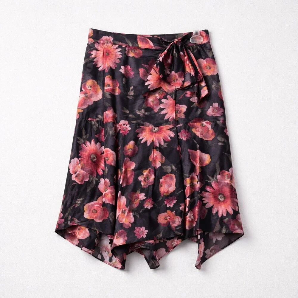 $325 The Kooples Skirt Womens Size S Black Floral Wrap Midi Asym Hem Tie Waist